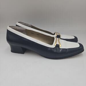 Vintage 90s Boston Accent Navy & White Leather Block Heels Size 9.5 Nautical